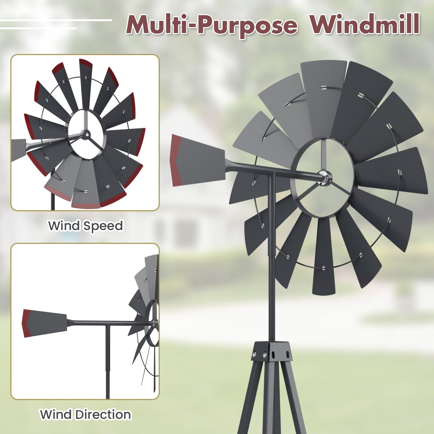 MAXMASS 8 ft Ornamental Windmill, All-Weather Metal Wind Mill w/ 4 Support Legs, Decorative Weathervane for Backyard, Garden, Farm, 4 Ground Stakes Included