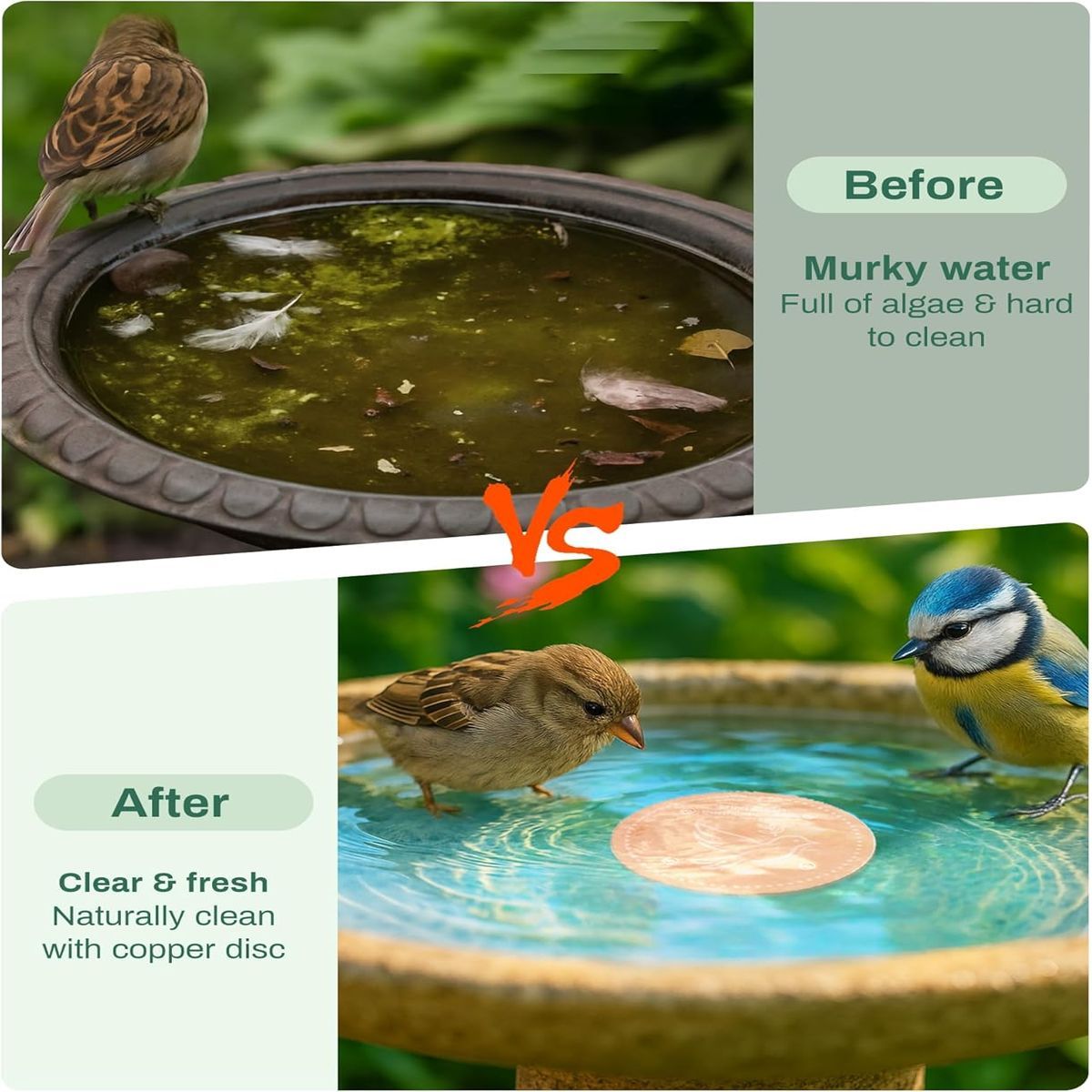 Solar-Powered Bird Bath Purification Disk & Heater Deicer - Pure Copper Outdoor Winter Warmer with Hanging Bowl, Cage & Stand for Deck/Railing - -Freeze Birdbath for Birds, Durable Metal Design, Safe for Aquatic Life, Easy In