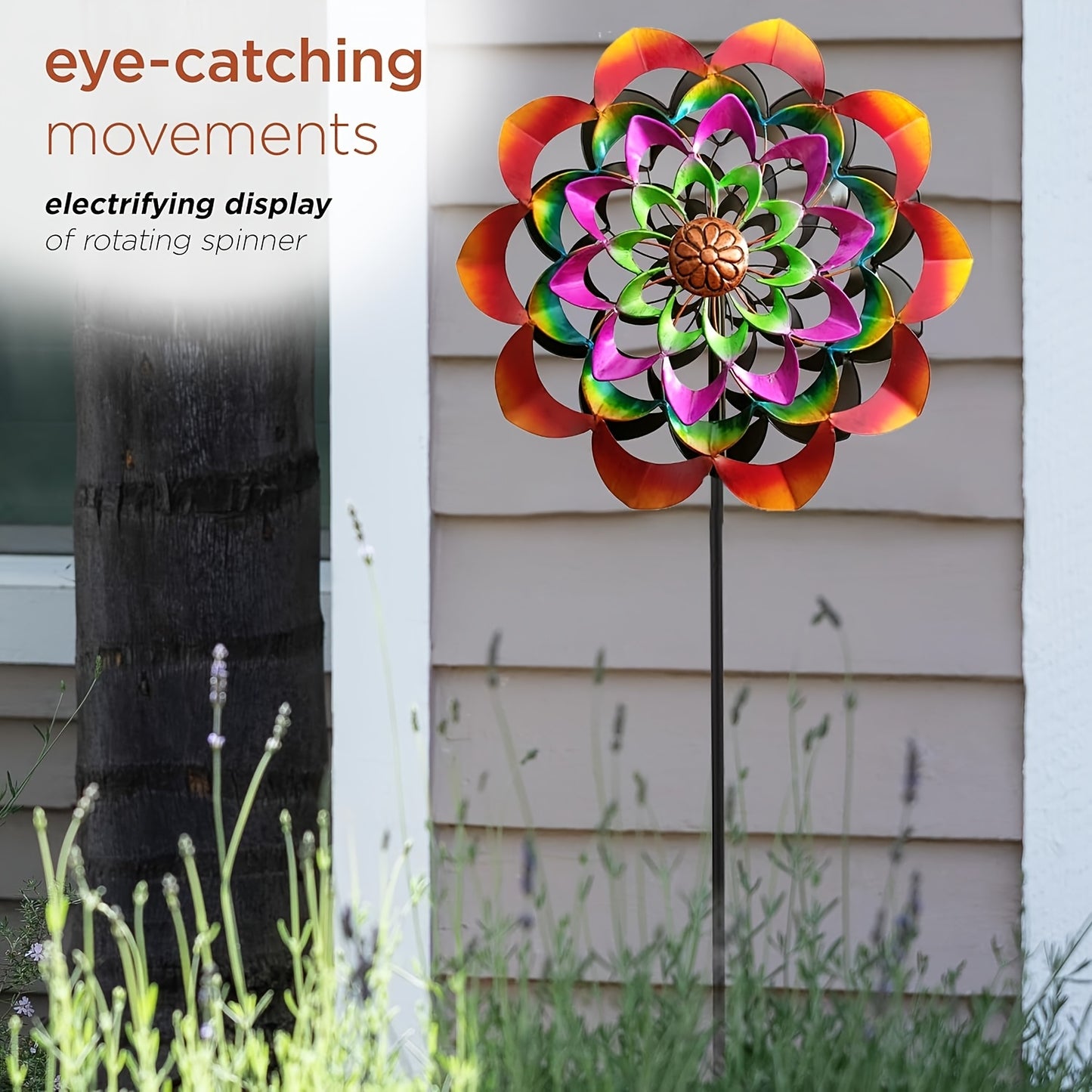 1pc Large Metal Wind Spinner - Floral Garden Decor with Vibrant Pink, Orange, Yellow, Green, Purple, Brown - Wind-Powered Spinner for Outdoor, Patio, Wedding, Party - No Electricity/Battery Needed - Durable Metal Construction
