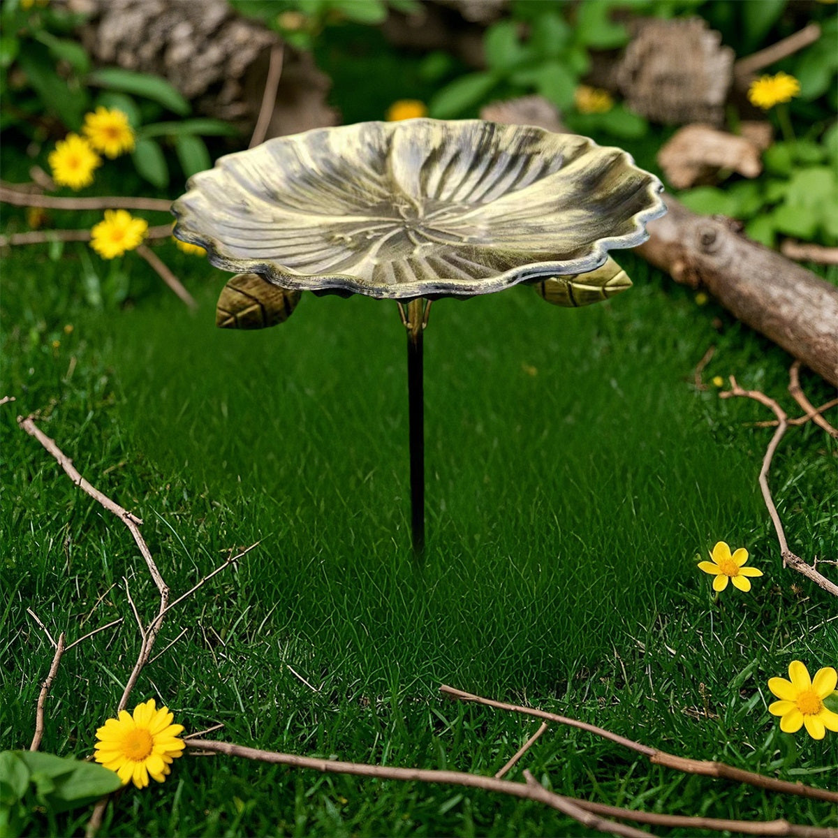 Bird Feeder and Bath Combo Lotus Leaf Shaped Birdbath Feeding Bowl with Stake for Garden, Yard Porch, Without Battery