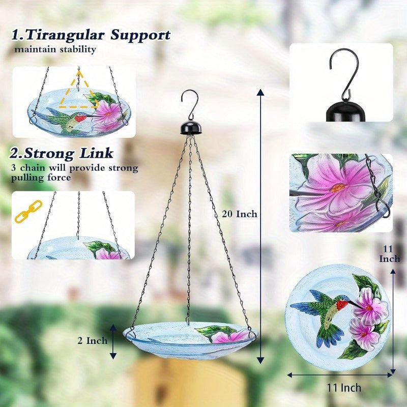 MUMTOP 11 Inch Outdoor Glass Hanging Bird Bath & Feeder Bowl - All-Weather Durable Hummingbird & Floral Design with Rust-Proof Chains, Non-Toxic Easy-Clean Glass, Spherical Shape for Stability - Attracts Hummingbirds & Garden