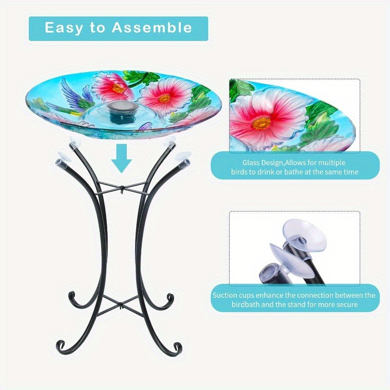 VCUTEKA Solar Birdbath Glass Bird Bath Outdoor with Metal Stand for Lawn Yard Garden Decor Hummingbird