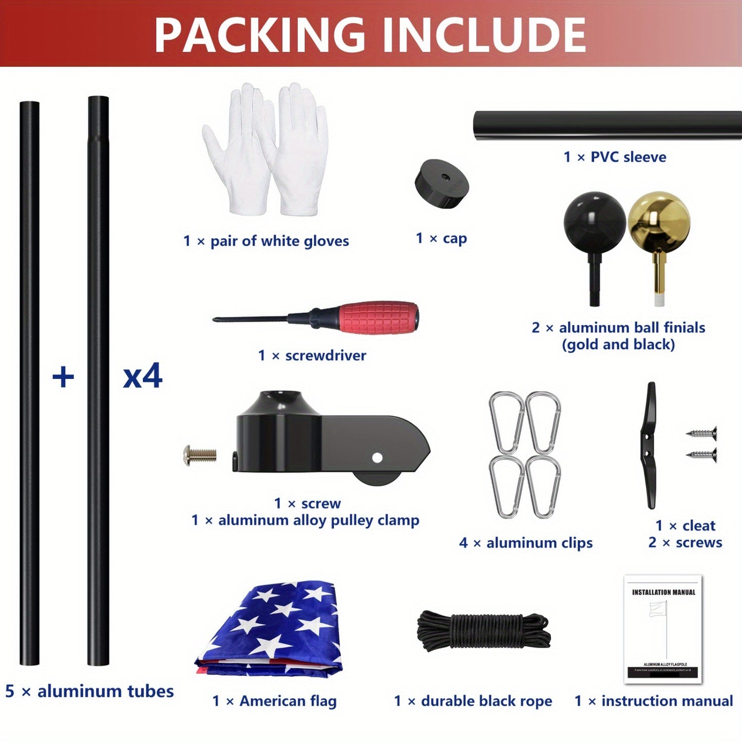 Heavy Duty 25ft Flag Pole with Embroidered Stars 3x5 American Flag-13 Gauge Extra Thick Aluminum Flagpole kit for House Yard Commercial Residential