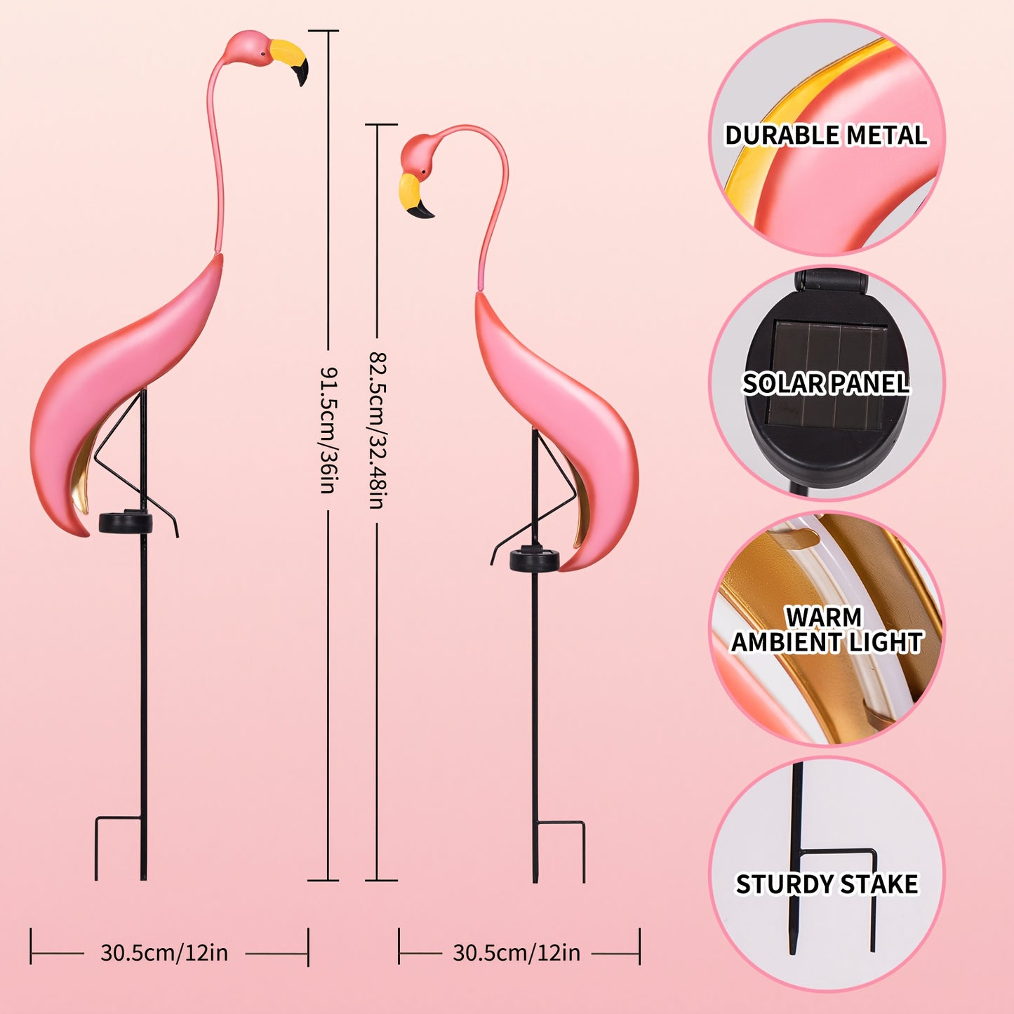2PK Solar-Powered Flamingo Garden Stake Lights - LED Outdoor Yard Decor, Weather-Resistant Metal Bird Statues for Lawn, Patio, Porch - Rechargeable Nickel Battery, Matte Finish, Housewarming Gift, Outdoor Lighting | Vibrant G