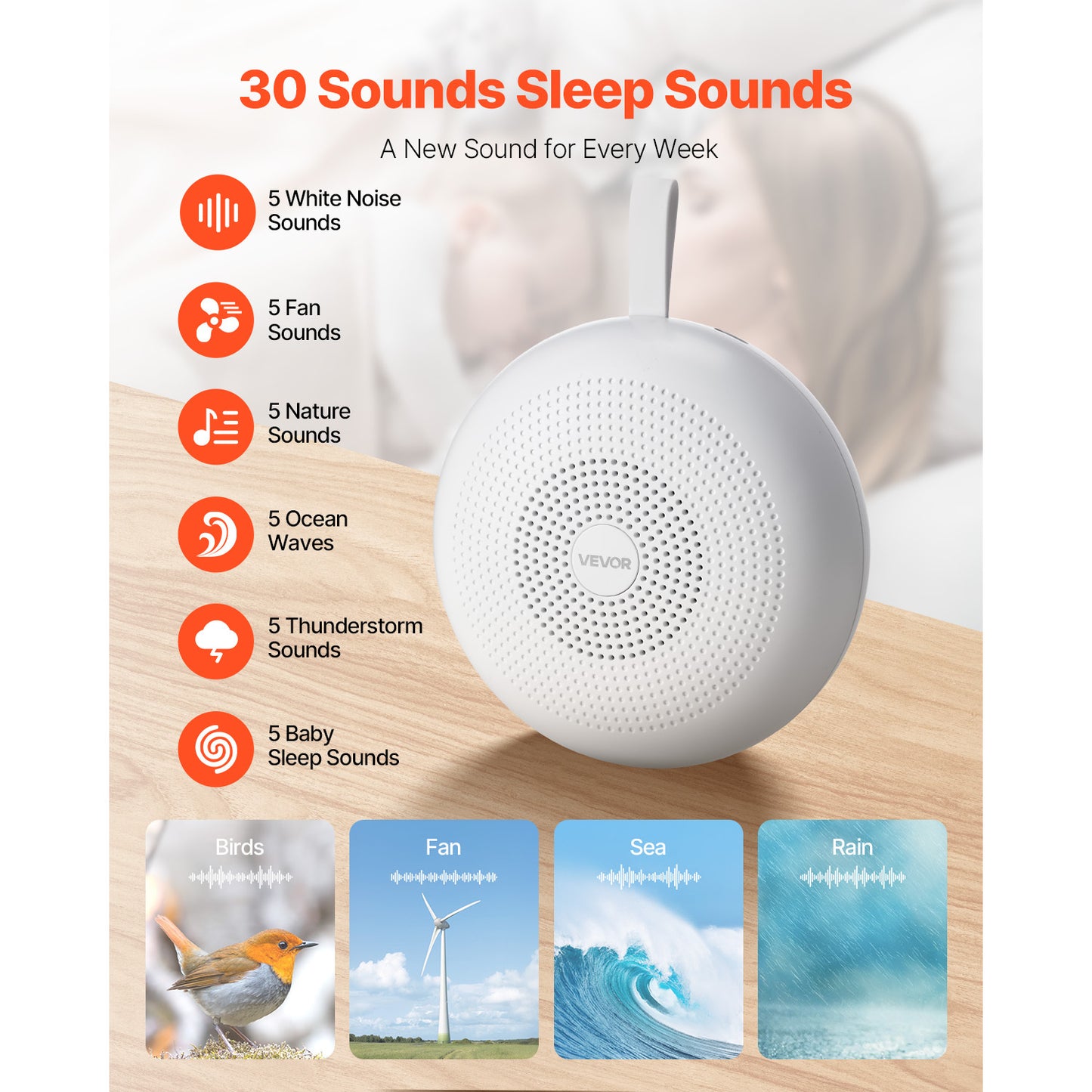VEVOR Sound Machine 21 / 30 Soothing Sleep Sounds 3-in-1 White Noise Sound Machine