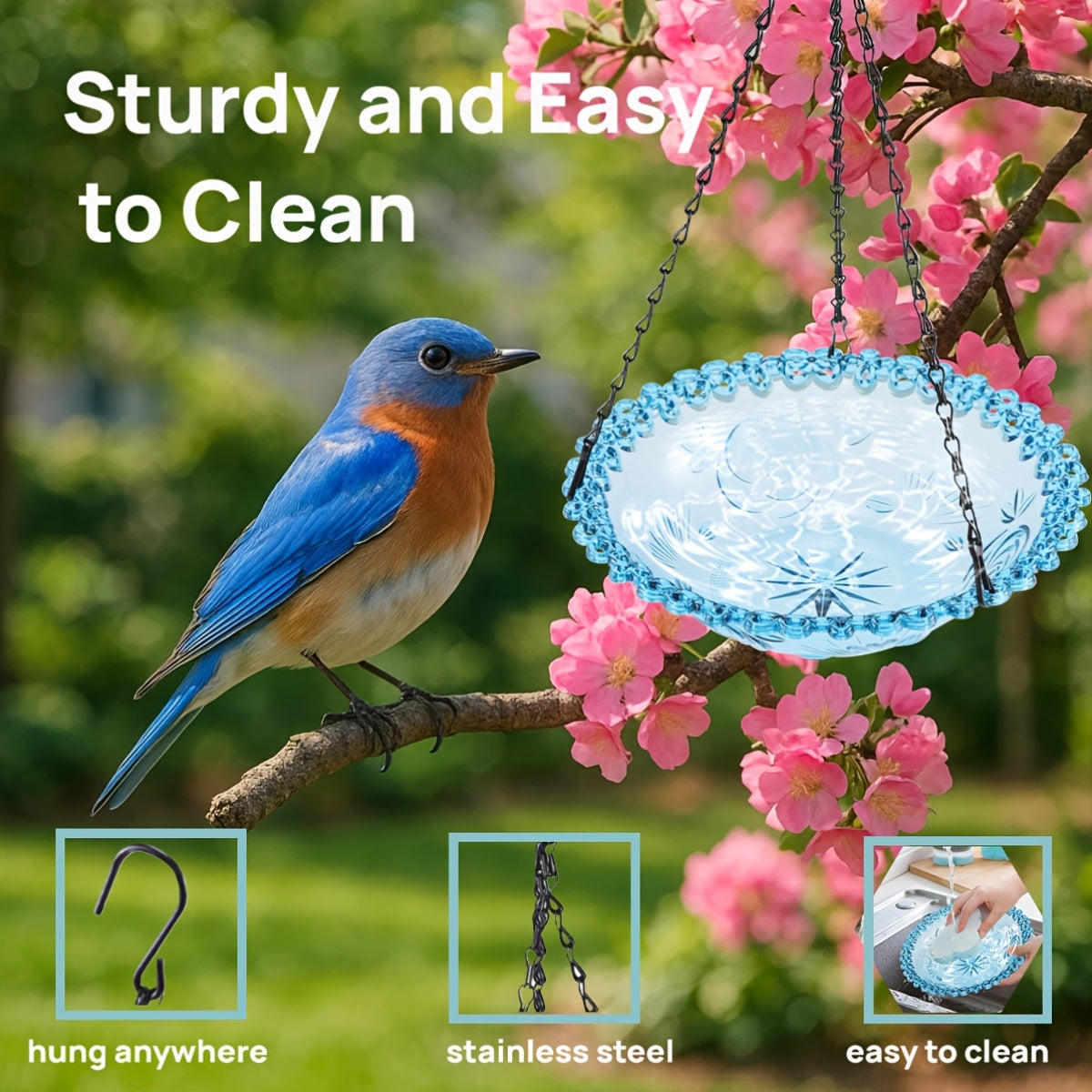 2pcs Blue Plastic Hanging Bird Baths & Feeders - Durable Weather-Resistant Garden, Patio & Backyard Wildlife Decor with Easy-Hang Chains, Attracts Birds & Butterflies, Bird Bath for Outside, Patio Decoration, Decorative Bird