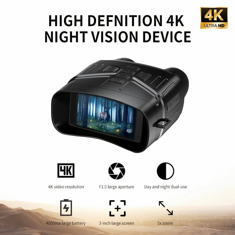 4K HD 5x Zoom Night Vision 36MP Night Infrared Detection Screen Binoculars 3.0 Inch "(800 * 480) HD TFT Screen Built-in 4000mA Lithium Battery Video Camera to Take Pictures, Full Black Observation Distance: 400m, Infrared Lam