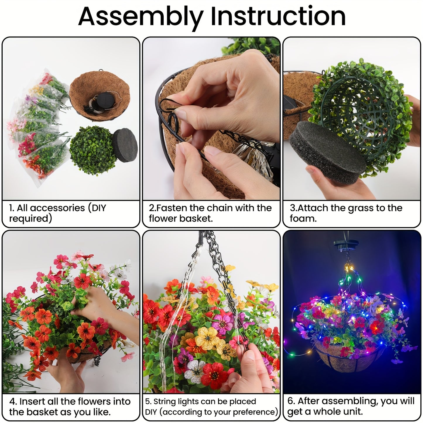 1-Pack Solar-Powered Hanging Lights with Auto On/Off Sensor, Solar Flower Basket Lights with Fake Plants - Outdoor Garden, Patio, Pathway, Lawn Decorations - Solar Lighting for Landscape, No Wiring Needed, Durable Plastic Con