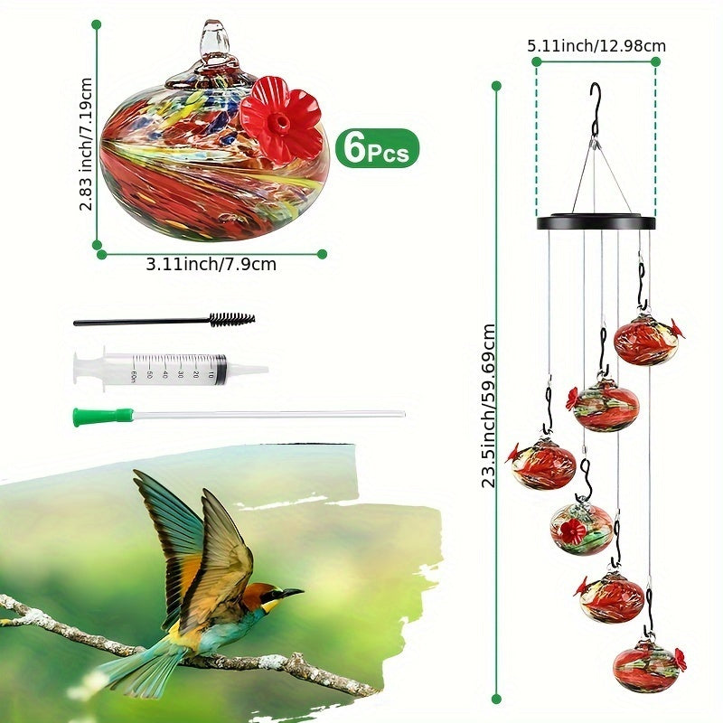 Hand-Blown Glass Wind Chime Hummingbird Feeder - Ant & Bee Proof, Never-Leak Design, Vibrant Floral Garden Decor for Outdoor Use, No Electricity Needed, Hummingbird Decor, Artistic Feeder, Decorative Glassware