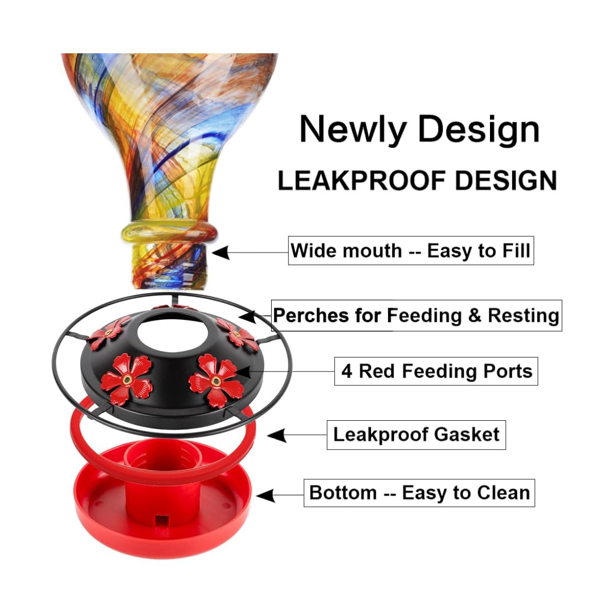 Hummingbird Feeder Replacement Base with Red Plastic Base & Metal Top - 5-Flower Design, Black Outdoor Garden Bird Feeder Part, Durable Metal Construction with Easy-Clean Brushes Included, Compatible with Feeders (No Batterie