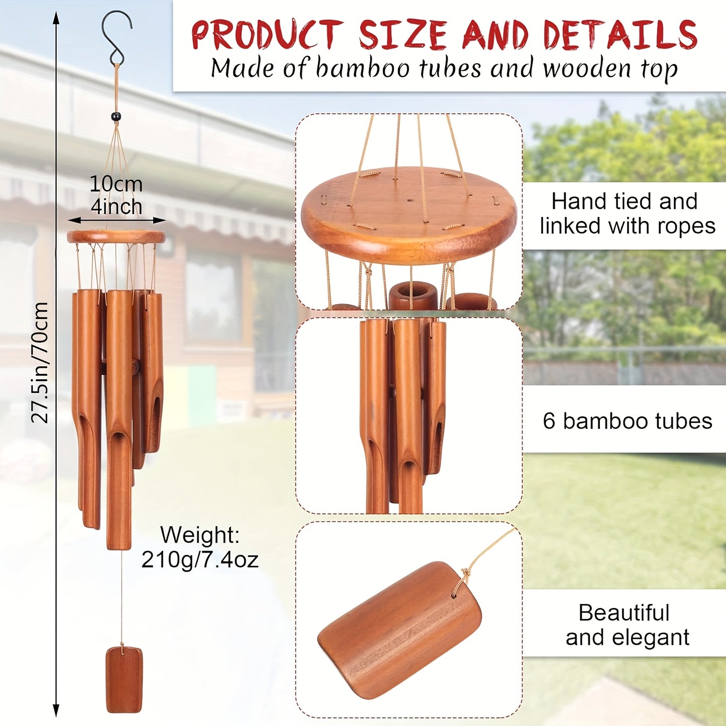 1pc, Bamboo Wind Chimes For Outside 27.5 Inches Wooden Classic Zen Rustic Chimes Deep Tone With Wind Catcher For Relaxation Patio Garden Indoor
