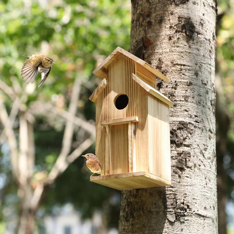 Outdoor Wooden Bird House with Pole - Classic Wall-Mounted Hummingbird House, No Electricity Needed, Durable Weather-Resistant Design for Garden & Patio, Attracts Birds & Wildlife, Bird Decor, Wildlife Attraction, Natural Aes