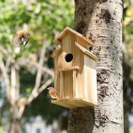 Outdoor Wooden Bird House with Pole - Classic Wall-Mounted Hummingbird House, No Electricity Needed, Durable Weather-Resistant Design for Garden & Patio, Attracts Birds & Wildlife, Bird Decor, Wildlife Attraction, Natural Aes
