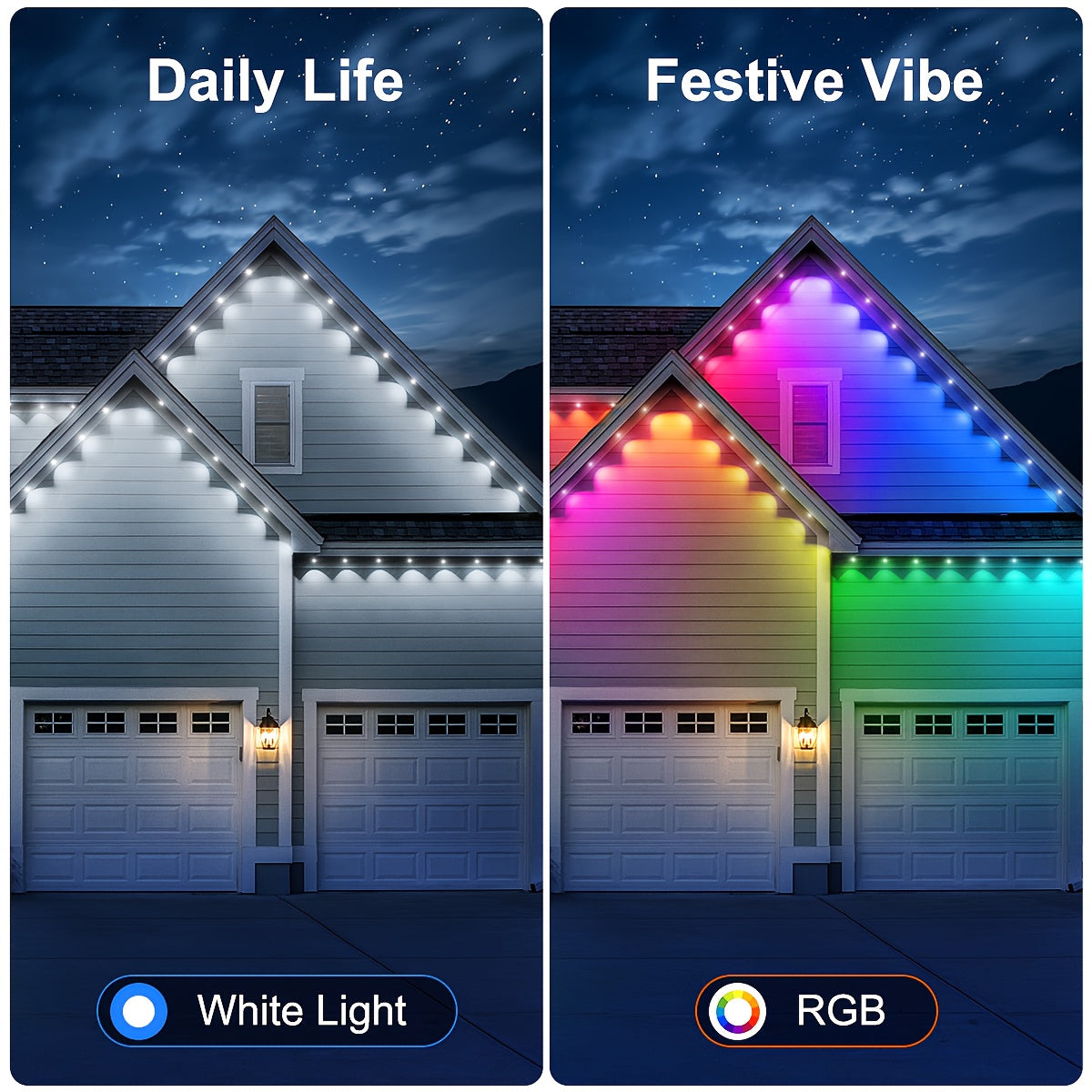 100ft 50LEDS/150ft 75LEDS Permanent Outdoor Lights, for House Roof, Christmas, Holiday, Party, Daily Lighting, IP67 Waterproof, RGB Eaves Lights with Multi Scene Modes for Halloween, APP & 44 KEY Remote, Festive Lights, Dynam