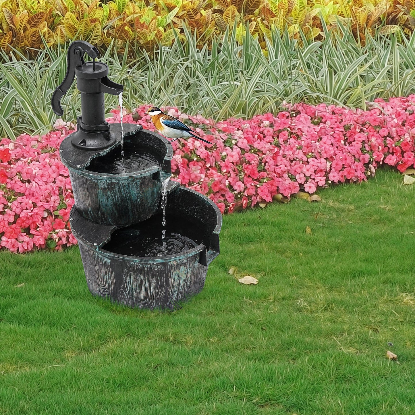 27" Tall Outdoor Fountain with Pump - Two-Tier Waterfall, Heavy-Duty Construction, Attracts Birds, Decorative Garden, Patio, Backyard, or Bird Bath Fountain - Easy Assembly & Low Maintenance, Patio Decor, Rustic Design, Weath