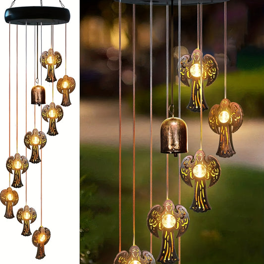 6 LEDs Solar Wind Chime Outdoor Solar Angel Wind Chime Lights for Outside Hanging Lights Warm-White LED Lights Fairy Decor, Gifts for Wife Mother Grandmom Friends Gifts