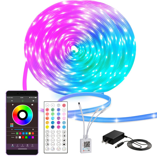 100ft (2 Rolls of 50ft) Outdoor Waterproof LED Strip Lights with Smart App & 44-Key Remote Control, IP67 Waterproof RGB Color Changing Lights with Timer, Music Sync, Dynamic Effects, Easy Installation Clips for Christmas, Gar