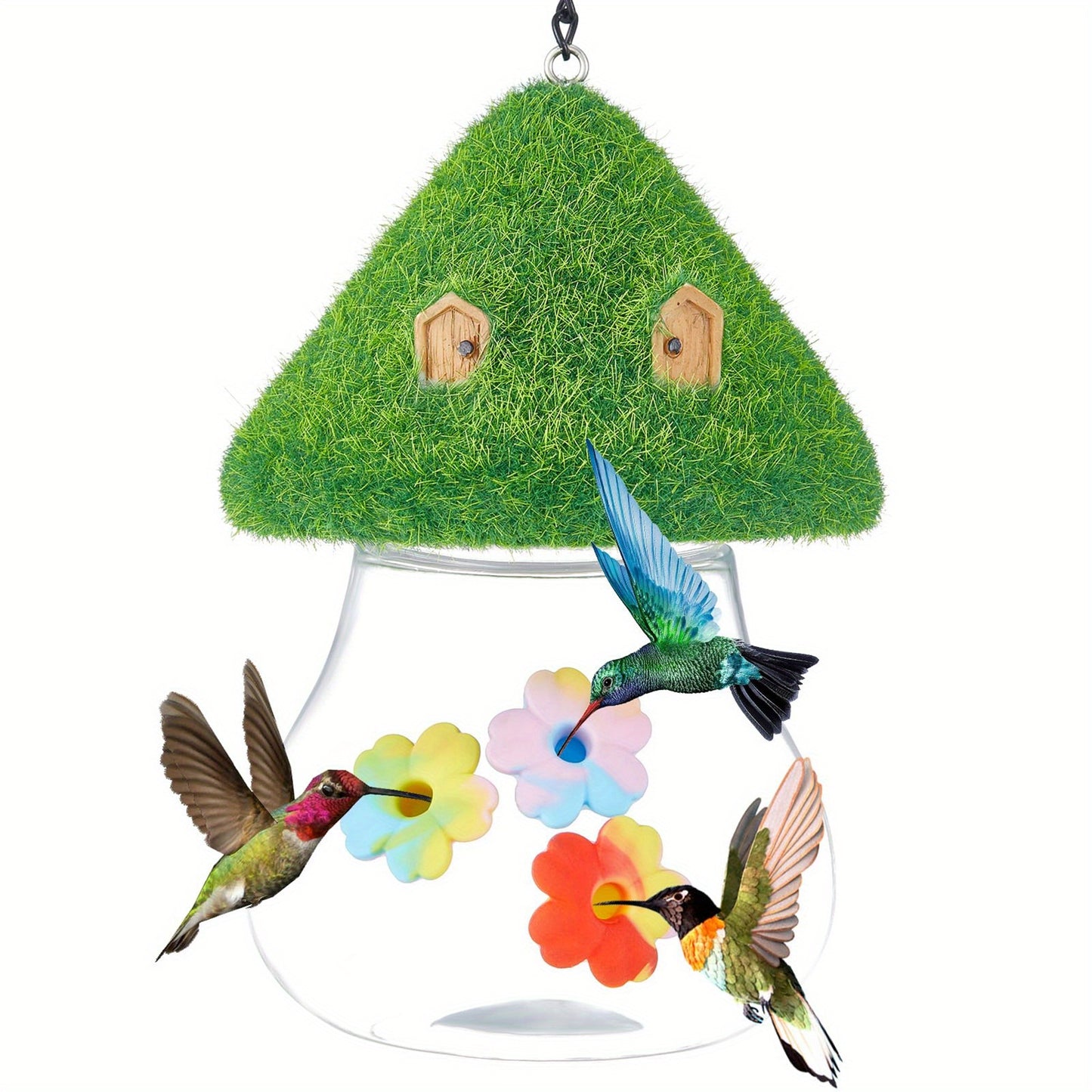 Outdoor Hanging Hummingbird Feeder & Bird feeder with Mushroom-Shaped Roof - Heavy-Duty Metal Construction, Spill-Proof Base, Clear Visor - Attracts Hummingbirds, Orioles, Woodpeckers - Easy-Fill Top, Durable Garden Decoratio