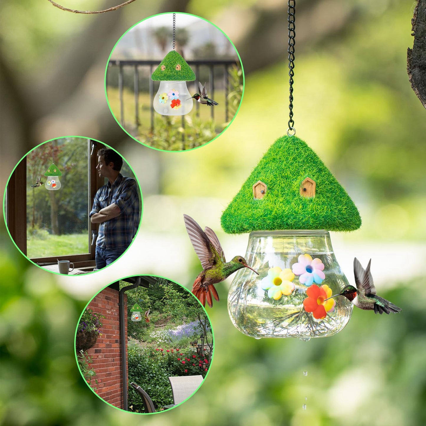 Outdoor Hanging Hummingbird Feeder & Bird feeder with Mushroom-Shaped Roof - Heavy-Duty Metal Construction, Spill-Proof Base, Clear Visor - Attracts Hummingbirds, Orioles, Woodpeckers - Easy-Fill Top, Durable Garden Decoratio