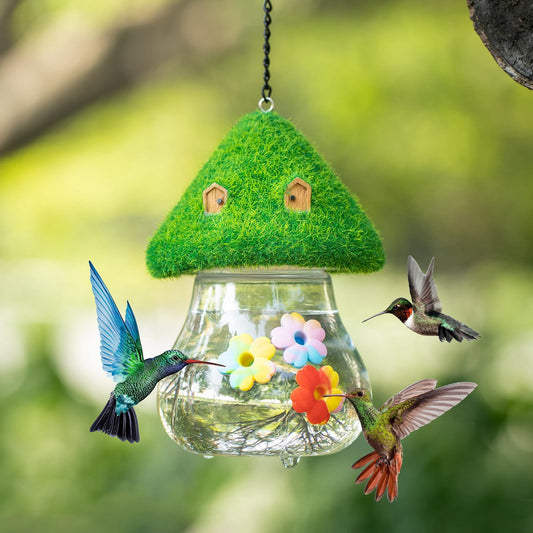 Outdoor Hanging Hummingbird Feeder & Bird feeder with Mushroom-Shaped Roof - Heavy-Duty Metal Construction, Spill-Proof Base, Clear Visor - Attracts Hummingbirds, Orioles, Woodpeckers - Easy-Fill Top, Durable Garden Decoratio