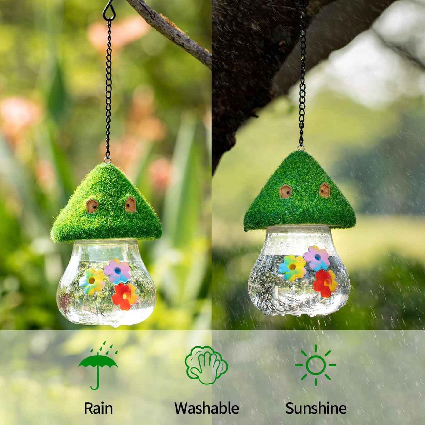 Outdoor Hanging Hummingbird Feeder & Bird feeder with Mushroom-Shaped Roof - Heavy-Duty Metal Construction, Spill-Proof Base, Clear Visor - Attracts Hummingbirds, Orioles, Woodpeckers - Easy-Fill Top, Durable Garden Decoratio