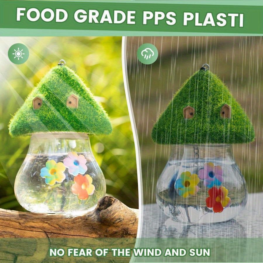 Outdoor Hanging Hummingbird Feeder & Bird feeder with Mushroom-Shaped Roof - Heavy-Duty Metal Construction, Spill-Proof Base, Clear Visor - Attracts Hummingbirds, Orioles, Woodpeckers - Easy-Fill Top, Durable Garden Decoratio