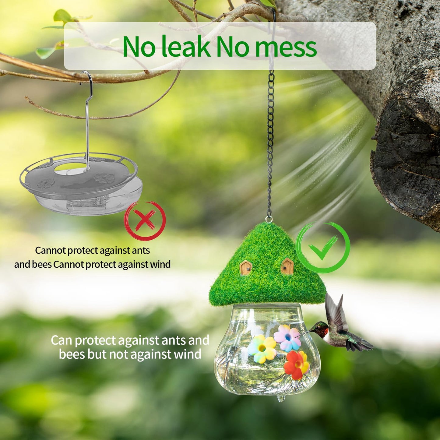 Outdoor Hanging Hummingbird Feeder & Bird feeder with Mushroom-Shaped Roof - Heavy-Duty Metal Construction, Spill-Proof Base, Clear Visor - Attracts Hummingbirds, Orioles, Woodpeckers - Easy-Fill Top, Durable Garden Decoratio