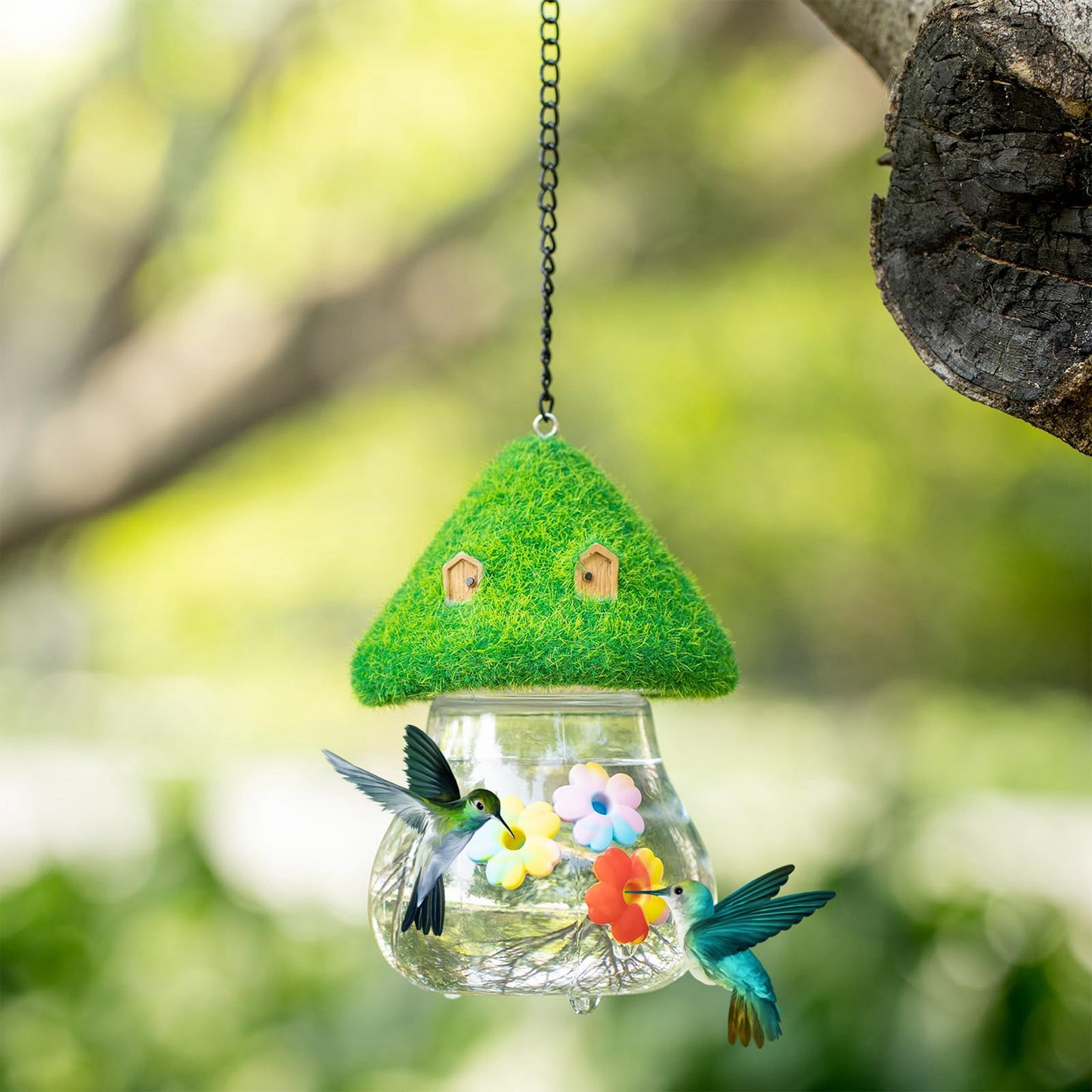 Outdoor Hanging Hummingbird Feeder & Bird feeder with Mushroom-Shaped Roof - Heavy-Duty Metal Construction, Spill-Proof Base, Clear Visor - Attracts Hummingbirds, Orioles, Woodpeckers - Easy-Fill Top, Durable Garden Decoratio