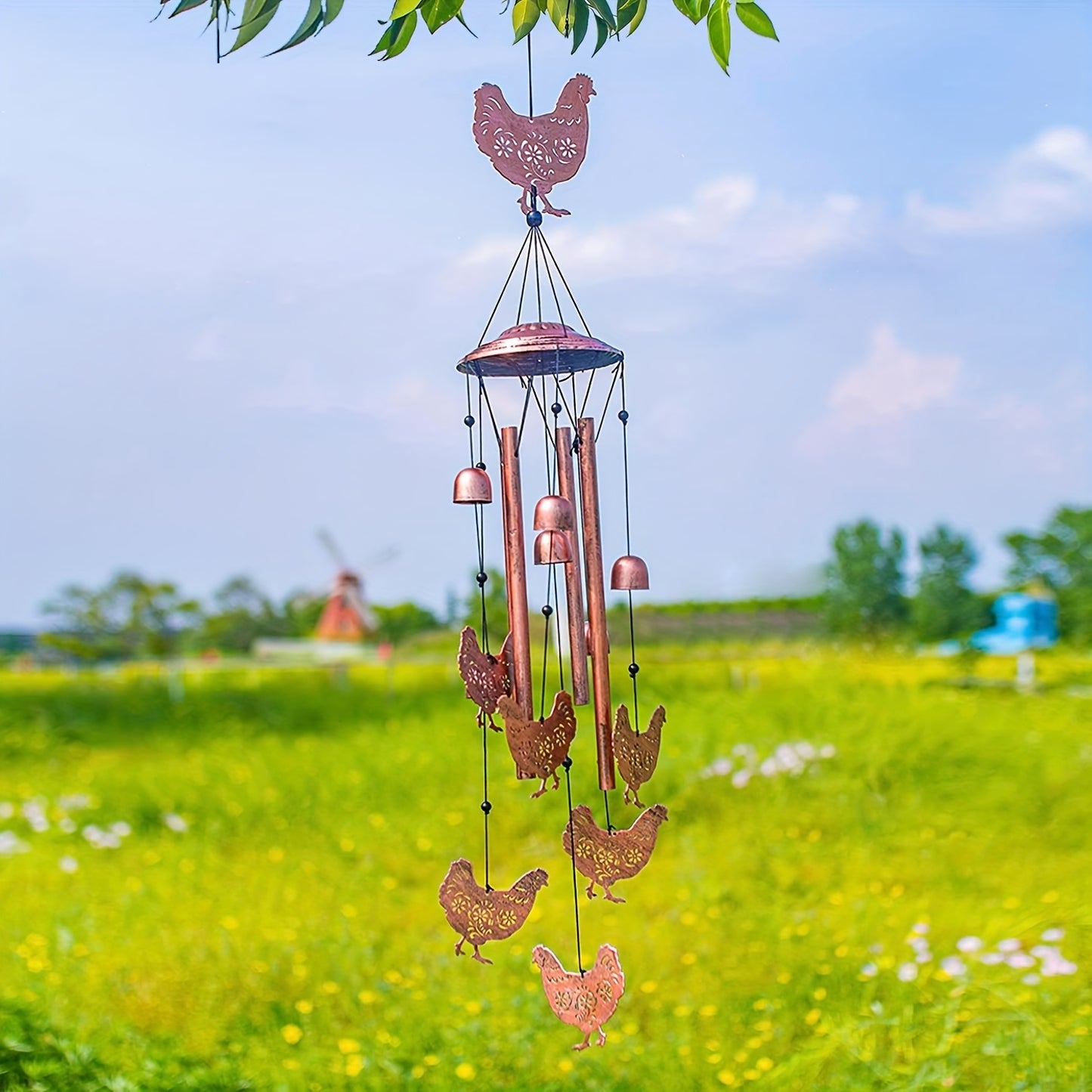 37-Inch Farmhouse Chicken Wind Chime - with Hanging Chains & S-Hooks, Rustic country garden Decor, Durable Metal-like appearance for Patio, Porch, Yard - No Electricity Needed, Perfect Housewarming or Birthday Gift for Farmer