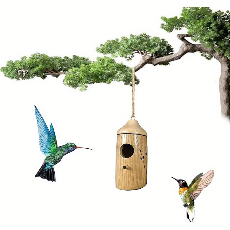 1pc Hummingbird House - Rustic Recycled Wood Bird Feeder & Nesting Shelter for Hummingbirds, Wrens, Swallows, Sparrows - Garden Decor with Easy-Hang Metal Ring, No Electricity Needed, Hummingbird Decor, Natural Wood Construct