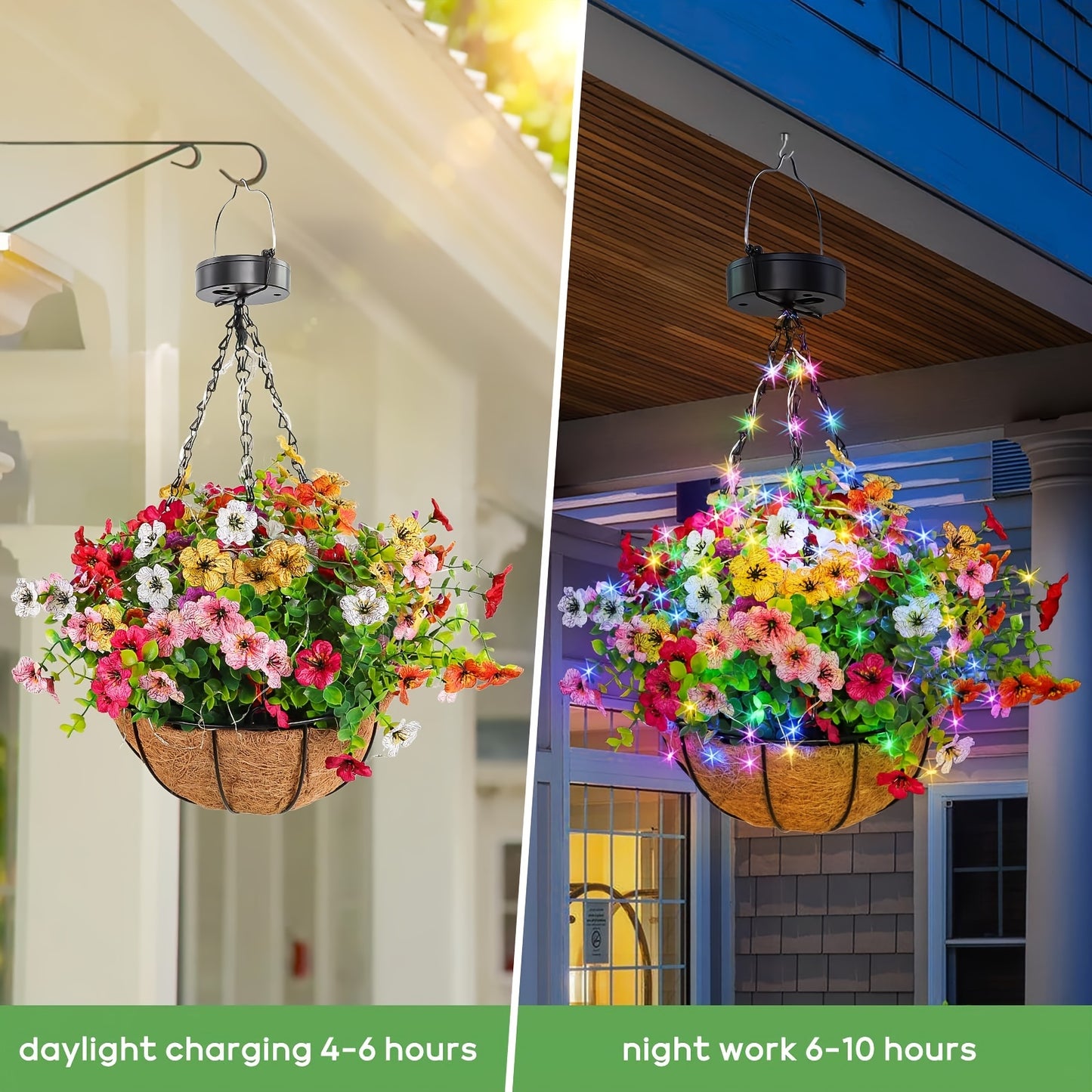 1-Pack Solar-Powered Hanging Lights with Auto On/Off Sensor, Solar Flower Basket Lights with Fake Plants - Outdoor Garden, Patio, Pathway, Lawn Decorations - Solar Lighting for Landscape, No Wiring Needed, Durable Plastic Con