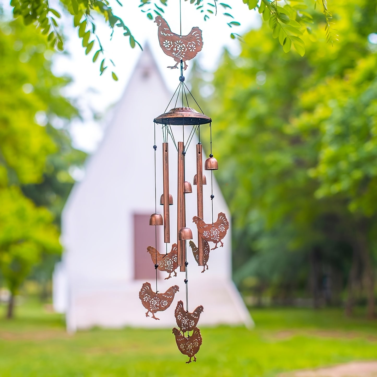 37-Inch Farmhouse Chicken Wind Chime - with Hanging Chains & S-Hooks, Rustic country garden Decor, Durable Metal-like appearance for Patio, Porch, Yard - No Electricity Needed, Perfect Housewarming or Birthday Gift for Farmer
