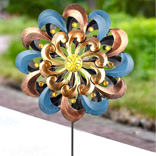 63, 4" Copper Wind Spinner - Large Outdoor Yard Decor with Vibrant Blue & Golden Petals, Durable Iron Construction, No Electricity Needed, Perfect for Garden & Patio Decoration, Windmills for Yard Decorations, Patio Decoratio