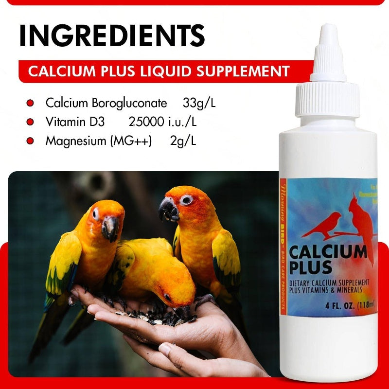 4fl.oz Calcium Plus Bird Vitamins & Mineral Supplement - Liquid/Drop Formula for Eggshell Strength, Healthy Growth, Breeding & Wellness - Calcium-Rich Diet for Parrots, Lovebirds, Finches, Sparrows, Budgies, Cockatiels
