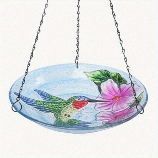 MUMTOP 11 Inch Outdoor Glass Hanging Bird Bath & Feeder Bowl - All-Weather Durable Hummingbird & Floral Design with Rust-Proof Chains, Non-Toxic Easy-Clean Glass, Spherical Shape for Stability - Attracts Hummingbirds & Garden
