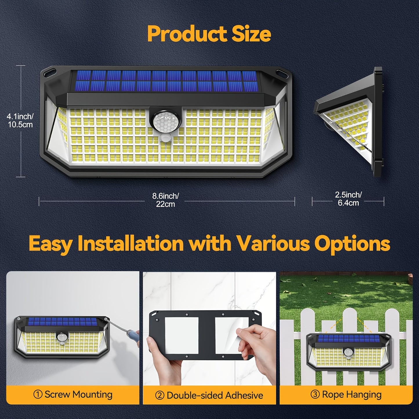 2 Pack/4 Pack Super Bright 416 LED Solar Security Lights Outdoor, Motion Sensor Wall Lights with 300° Wide Angle, IP65 Waterproof Solar- Lights, 3 Modes (Night/Day/Dual), Easy Install for Yard, Garden, Fence, Garage, Front D