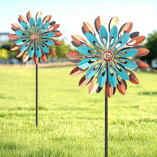 360° Rotating Outdoor Metal Wind Spinner - Kinetic Wind Sculpture with Blue & Bronze Floral Design, Durable Iron Garden Decor for Yard, Patio, Lawn - No Electricity Needed, Wind-Powered Motion, Weather-Resistant, Easy Instal