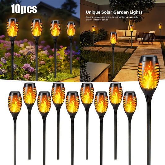 10pcs Solar Torch Lights with Realistic Flickering Flame - Auto On/Off Solar Powered Outdoor Lanterns, Landscape Lighting for Garden, Patio, Pathway, Party Decor - Durable High Quality Solar Flame Torch Lights, Hanging Solar