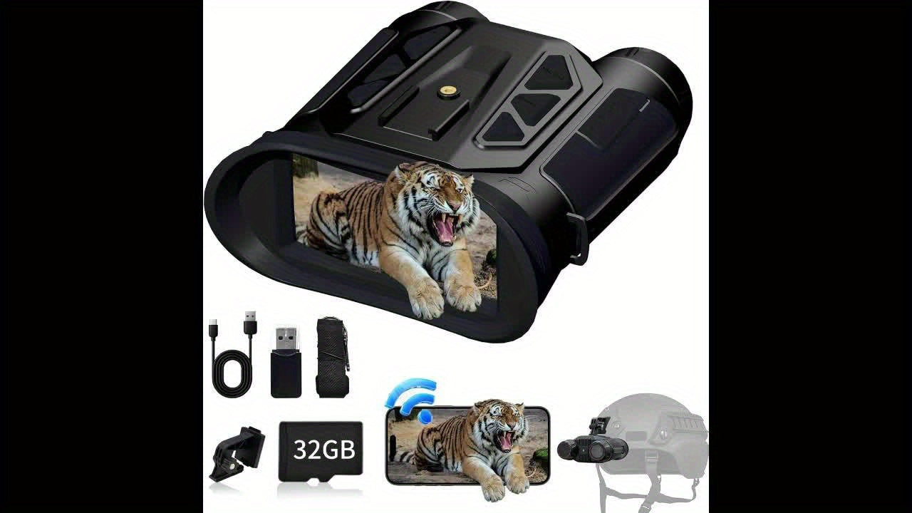 4K Night Vision Binoculars with 16X Digital Zoom, Supporting Photo And Video Recording. 2.4in Screen, 7-Level IR Adjustable, 3000mAh Battery (5-6 Hours), 32GB TF Card, WiFi, Altitude, Barometer, E-Compass - Handheld, Helmet &