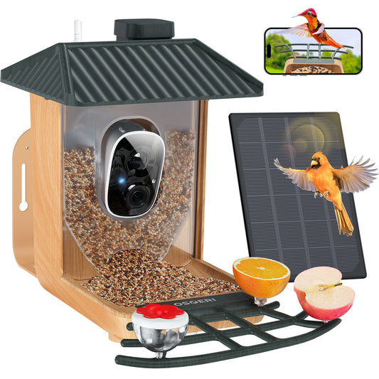 Bird Feeder With Camera, Smart AI Identify Wild Bird Feeder Camera Solar Powered, Auto Capture Bird Videos & Motion Detection, DIY Add-ons & Hummingbird Feeder, Bird Camera Gift For Bird Lover-Wood