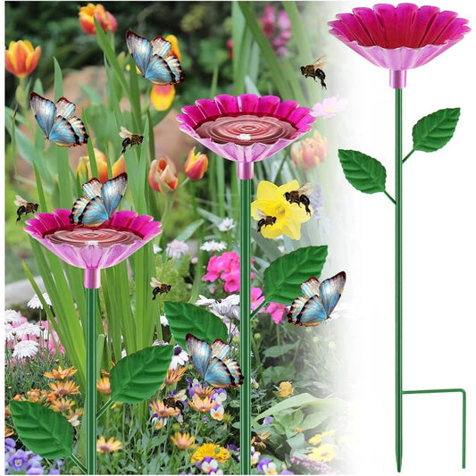 1pc Large 25x2.6 Inch Metal Pollinator Watering Station & Garden Feeder - Heavy-Duty Outdoor Bird Bath Bowl with Rose Red/Pink Flower Design, Attracts Bees, Butterflies, Hummingbirds - Durable Water Source for Plants, Pond Fo