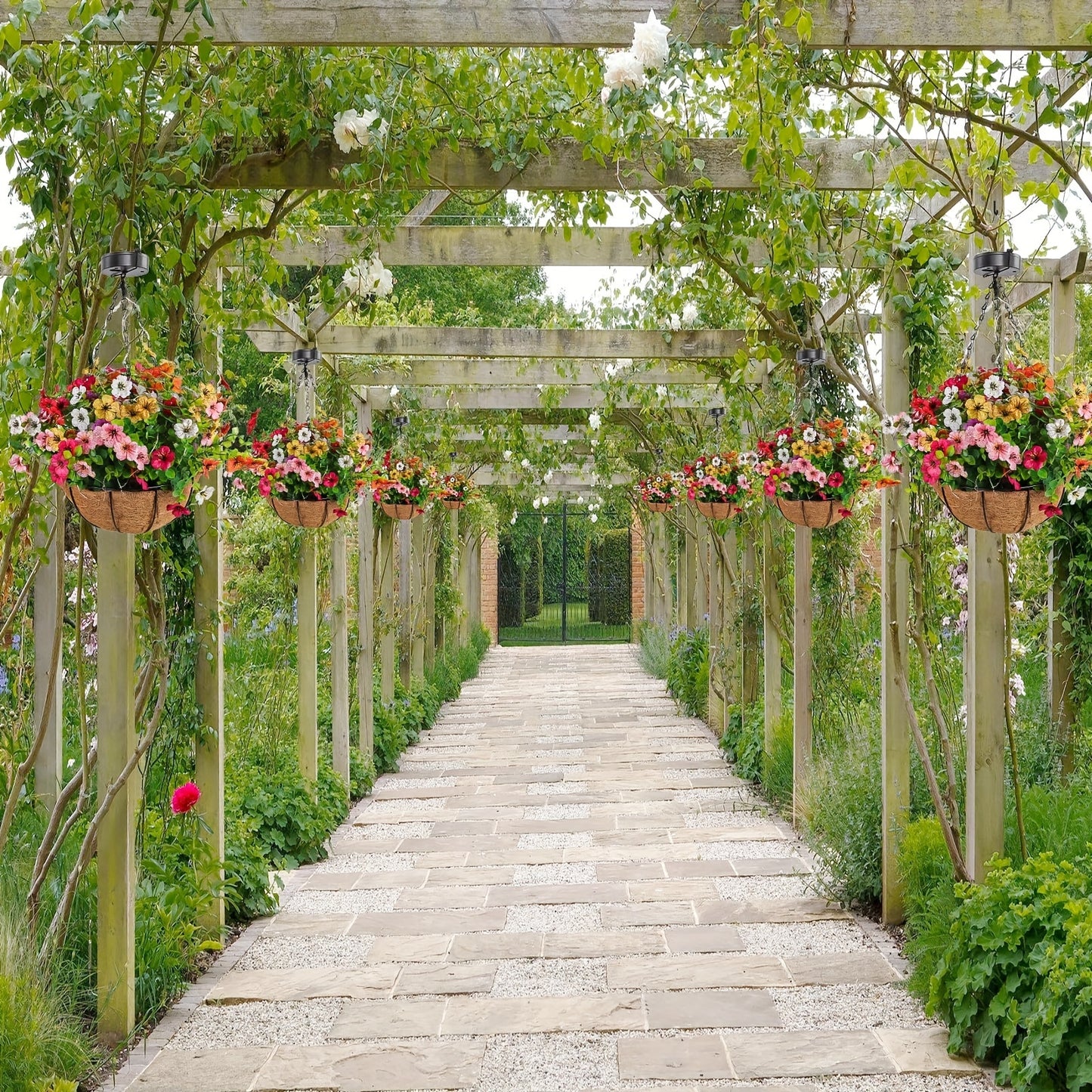 1-Pack Solar-Powered Hanging Lights with Auto On/Off Sensor, Solar Flower Basket Lights with Fake Plants - Outdoor Garden, Patio, Pathway, Lawn Decorations - Solar Lighting for Landscape, No Wiring Needed, Durable Plastic Con