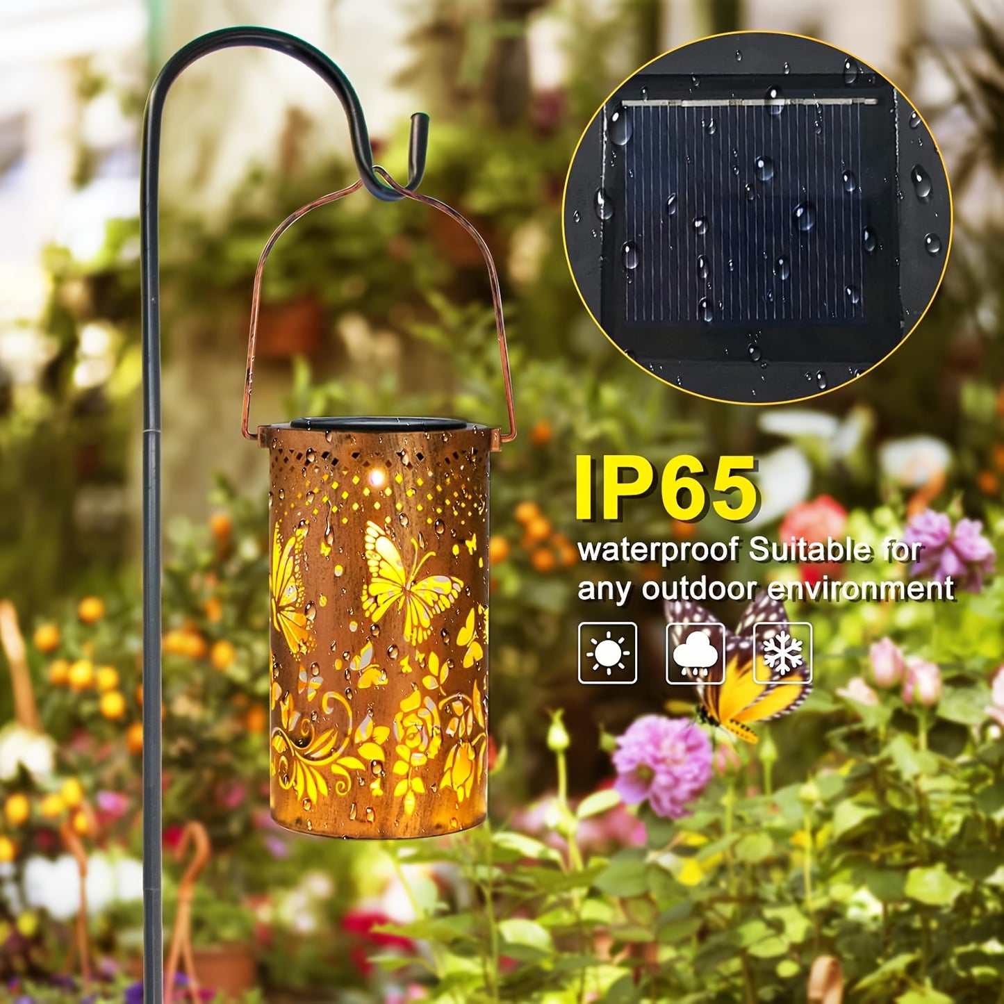 Large Updated Solar Iron Outdoor Decorative Lights - With 3D Dynamic Projection And Solar Battery, Floral And Butterfly Cutouts, IP65, Warm Ambiance Glow Suitable For Courtyards, Balconies, Or Lawns, Perfect Gift.