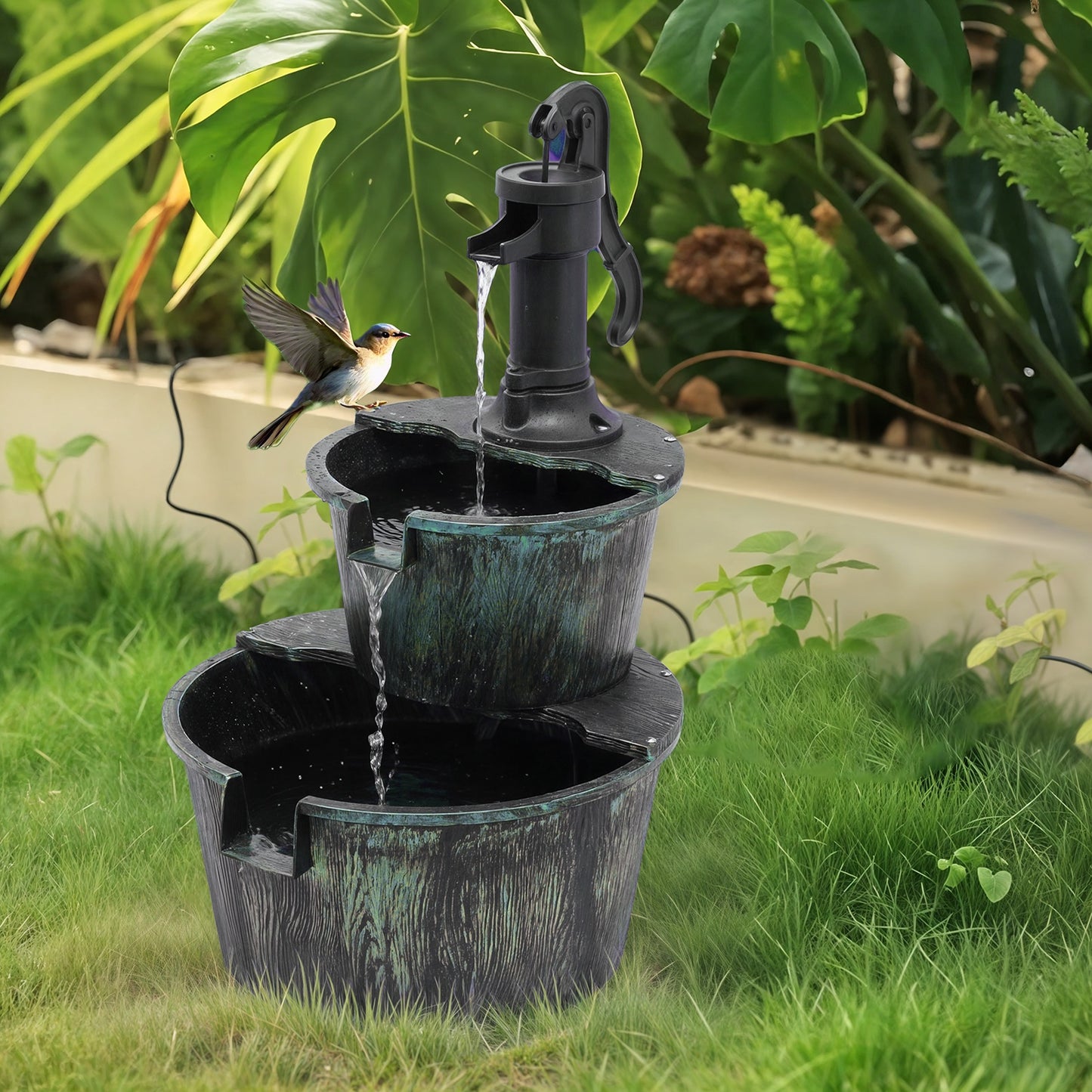 27" Tall Outdoor Fountain with Pump - Two-Tier Waterfall, Heavy-Duty Construction, Attracts Birds, Decorative Garden, Patio, Backyard, or Bird Bath Fountain - Easy Assembly & Low Maintenance, Patio Decor, Rustic Design, Weath
