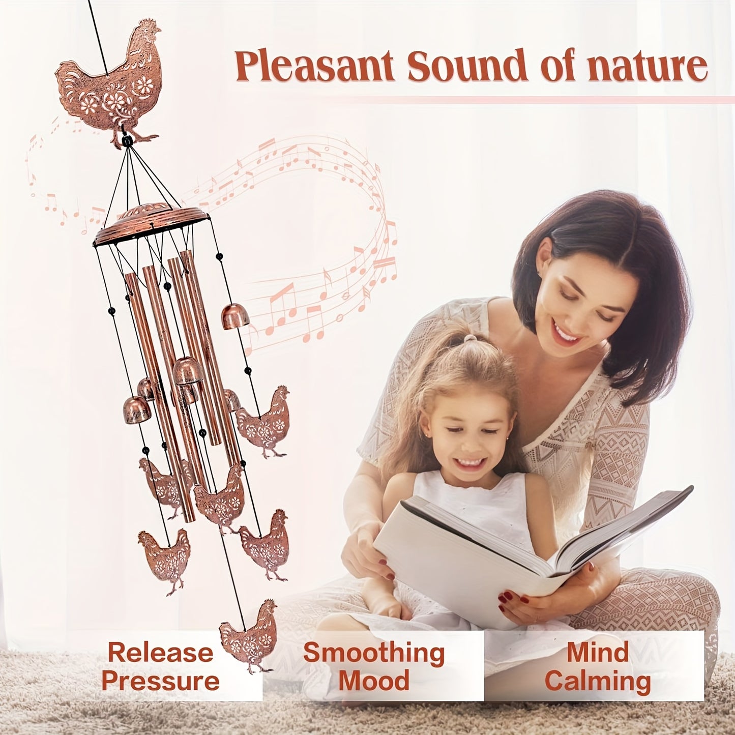 37-Inch Farmhouse Chicken Wind Chime - with Hanging Chains & S-Hooks, Rustic country garden Decor, Durable Metal-like appearance for Patio, Porch, Yard - No Electricity Needed, Perfect Housewarming or Birthday Gift for Farmer