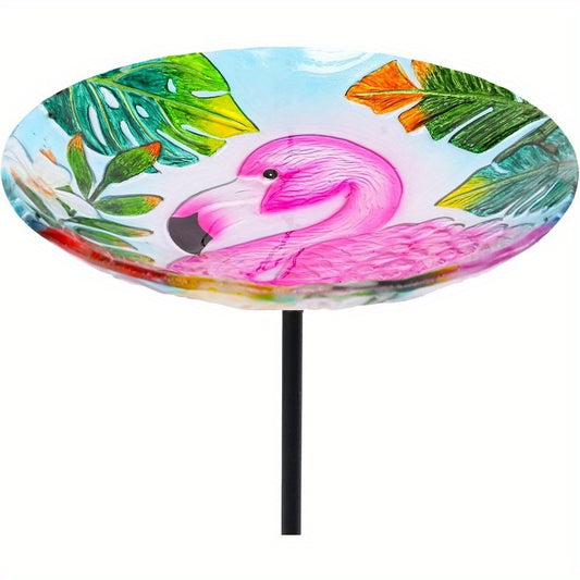 MUMTOP Flamingo Bird Bath with Stake - Pink Flamingo & Tropical Leaves Design, Heavy-Duty Outdoor Birdbath for Garden, Lawn, Patio - Attracts Birds, Decorative Yard Decoration with Easy Installation, Lawn Ornament, Vibrant Co