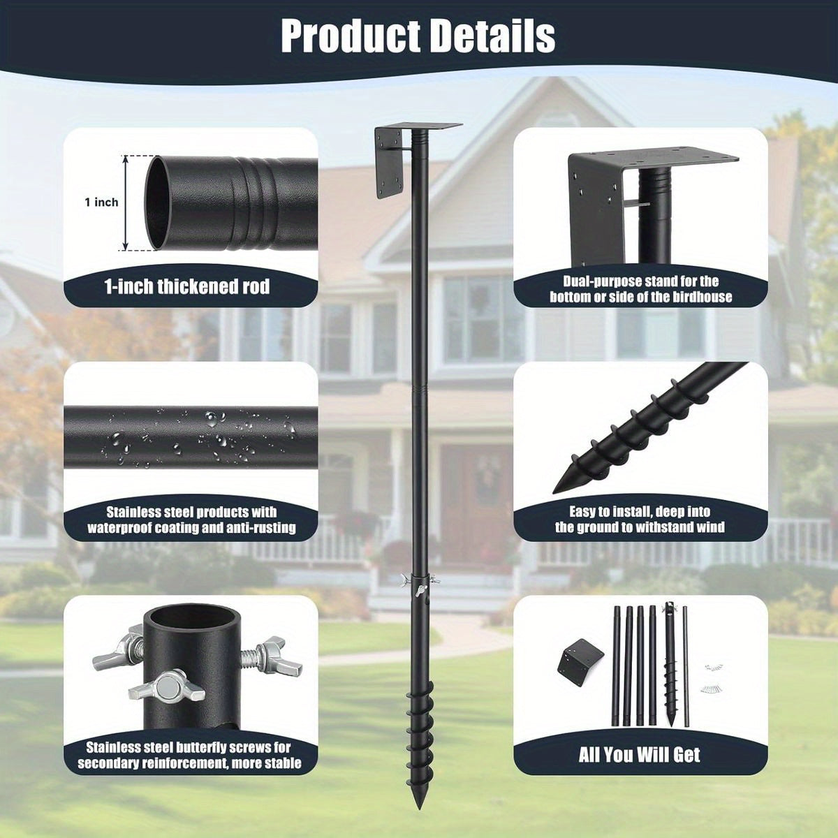 EUIJOIP 60" Heavy-Duty Adjustable Bird Feeder & House Pole - 1.2" Metal Tower with Auger Ground Stake, Mounting Bracket for Birdhouses, Feeders, Mailboxes - Tall Pole for Garden, Yard, Park (Bluebird/Hummingbird Compatible, B