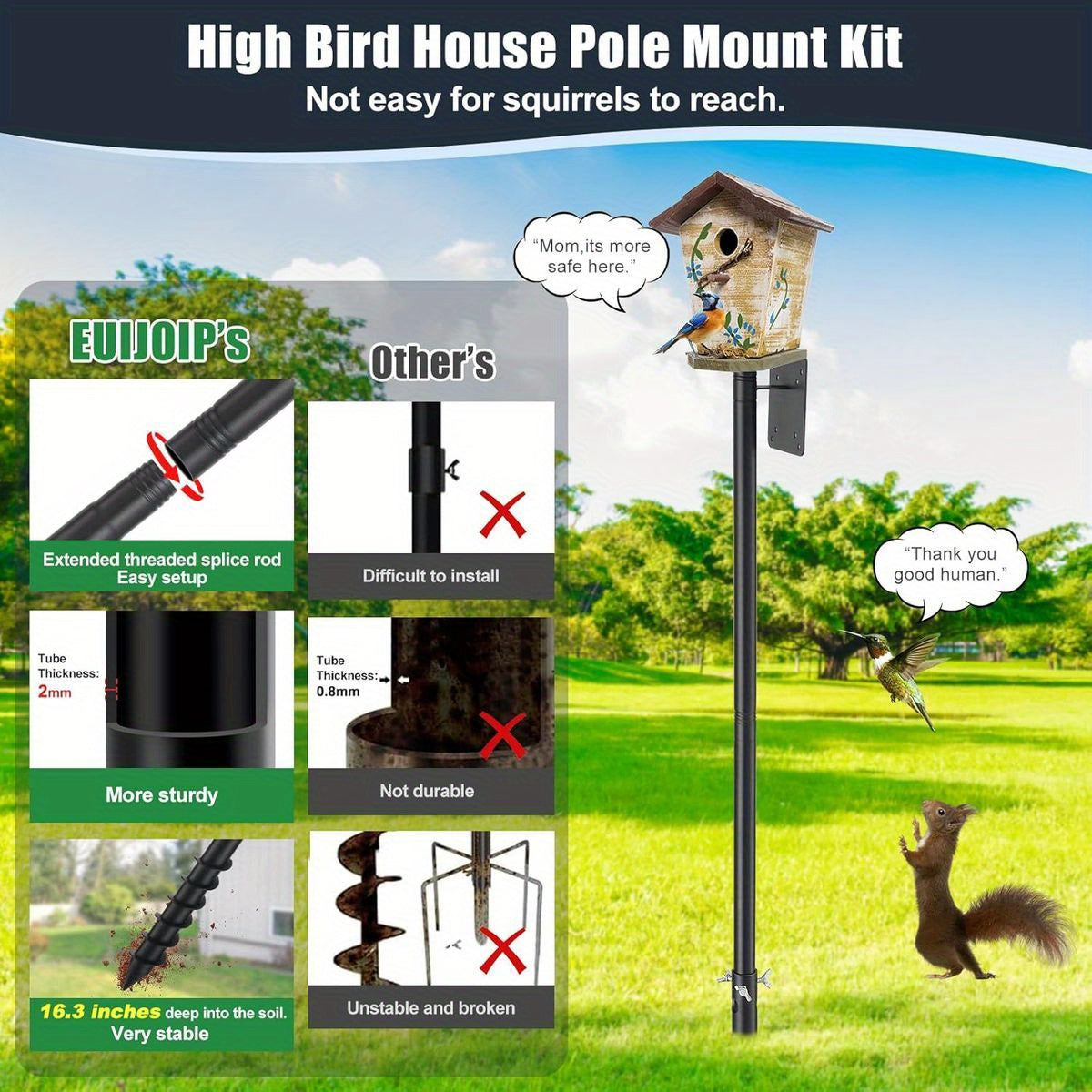EUIJOIP 60" Heavy-Duty Adjustable Bird Feeder & House Pole - 1.2" Metal Tower with Auger Ground Stake, Mounting Bracket for Birdhouses, Feeders, Mailboxes - Tall Pole for Garden, Yard, Park (Bluebird/Hummingbird Compatible, B