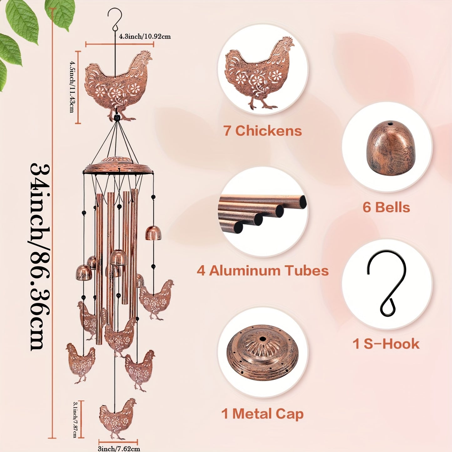 37-Inch Farmhouse Chicken Wind Chime - with Hanging Chains & S-Hooks, Rustic country garden Decor, Durable Metal-like appearance for Patio, Porch, Yard - No Electricity Needed, Perfect Housewarming or Birthday Gift for Farmer