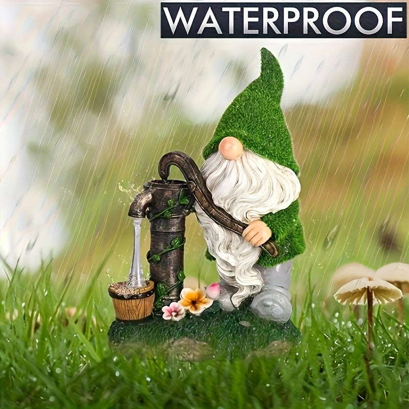 Solar-Powered LED Gnome Fountain Statue with Water Flow & Solar - 12" Resin Birdbath Garden Decor, Outdoor Water Feature with On/Off Button, Solar-Powered for Patio, Yard, Pond, Christmas Decoration (Green Gnome & Flower